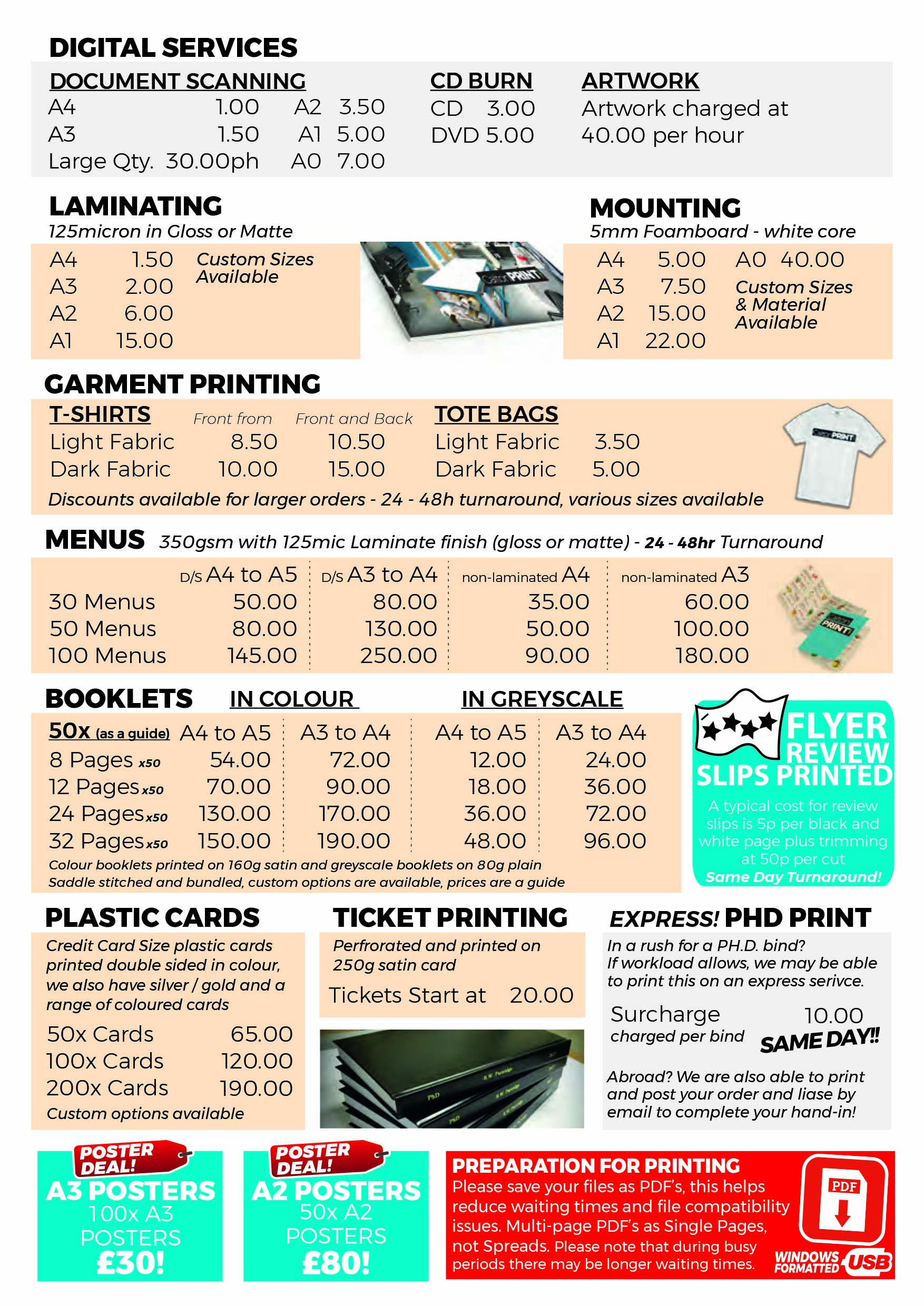 Teviot Print Shop Price list